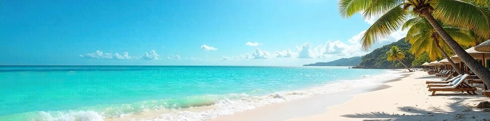 Vibrant summer scene with sun-drenched beach, turquoise ocean waves, and bright blue sky Perfect for vacation, travel, and holiday themes , landscape, escape, horizon