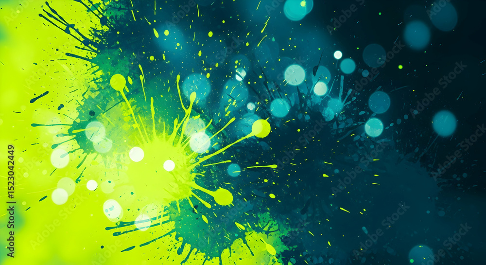 Poster lime splatter and teal bokeh creates a modern abstract background