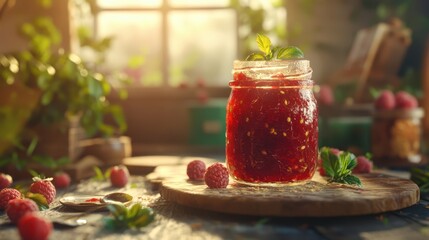 Sweet Raspberry Jam Jar. Homemade Delicious Raspberry Flavor Sweetness in Every Spoonful Freshness