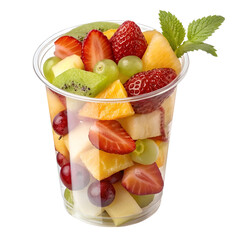 Fresh Fruit Salad in Clear Plastic Cup Isolated on Transparent Background


