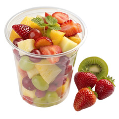 Fresh Fruit Salad in Clear Plastic Cup Isolated on Transparent Background

