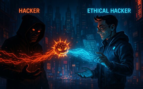 Cybersecurity Face-Off: Hacker vs Ethical Hacker with Malware Attack in Futuristic City