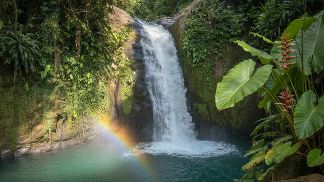 Breathtaking waterfall scene in lush tropical rainforest with rainbow and lush greenery