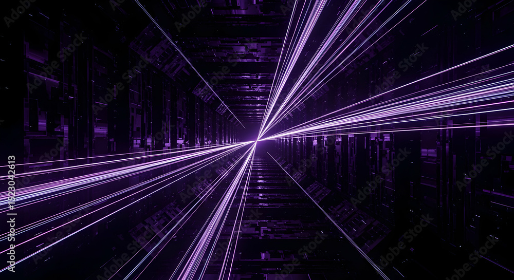 Poster futuristic purple corridor with light rays and advanced building structure