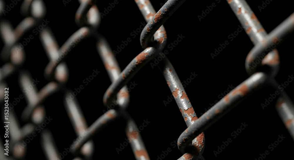 Aufkleber distorted chain link fence with rust isolated on dark background