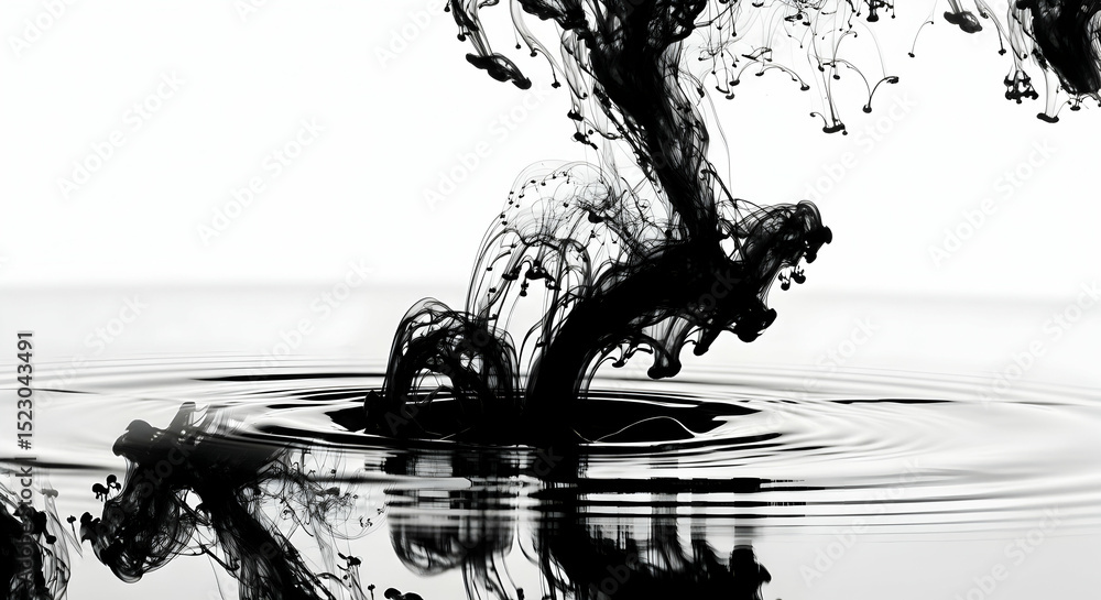 Poster black stain spreads into clean fluid creating mesmerizing ripples and patterns