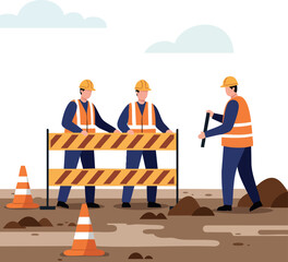 Construction workers wearing safety helmets and vests working on road with barrier and cones vector illustration 