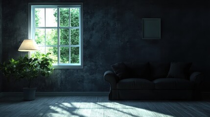 Atmospheric Interior. Sofa, Window, Plant, and Soft Light Creating Comfort and Peaceful Ambiance.