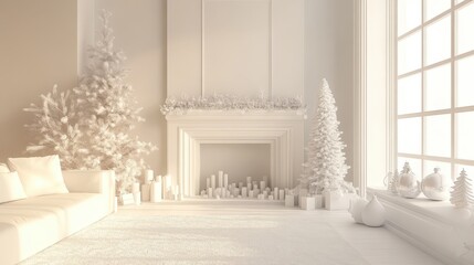 Serene White Christmas. Festive Trees, Elegant Fireplace, Candles and Sofa Design