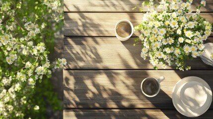 Sunny Morning. Coffee and Daisy Bouquet on Wooden Table Surface. Peaceful Nature Beauty