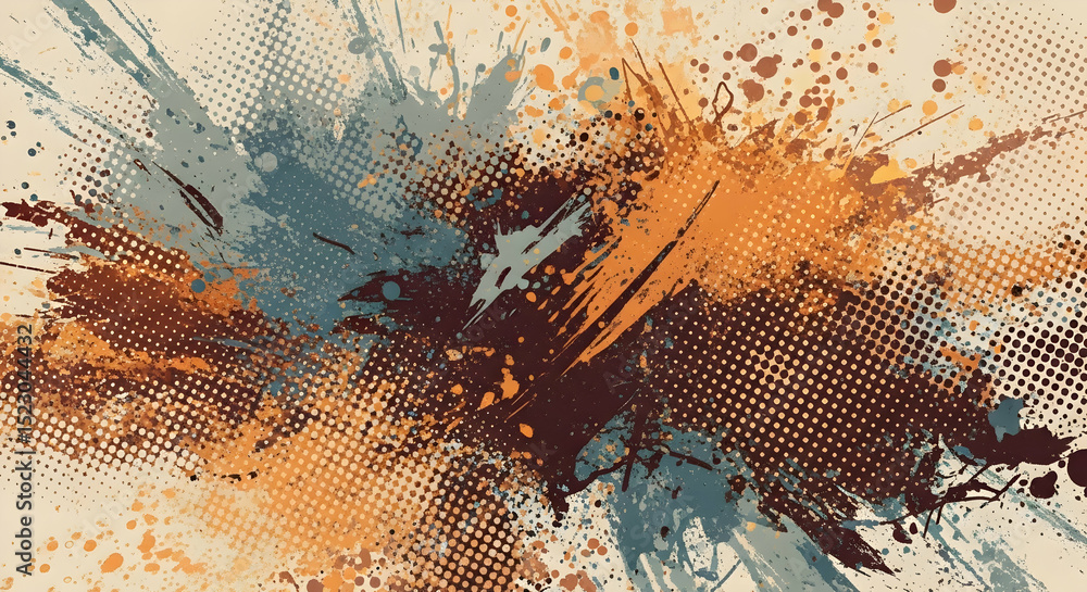 Poster grunge effect splatter background with halftone dots and ink splatters