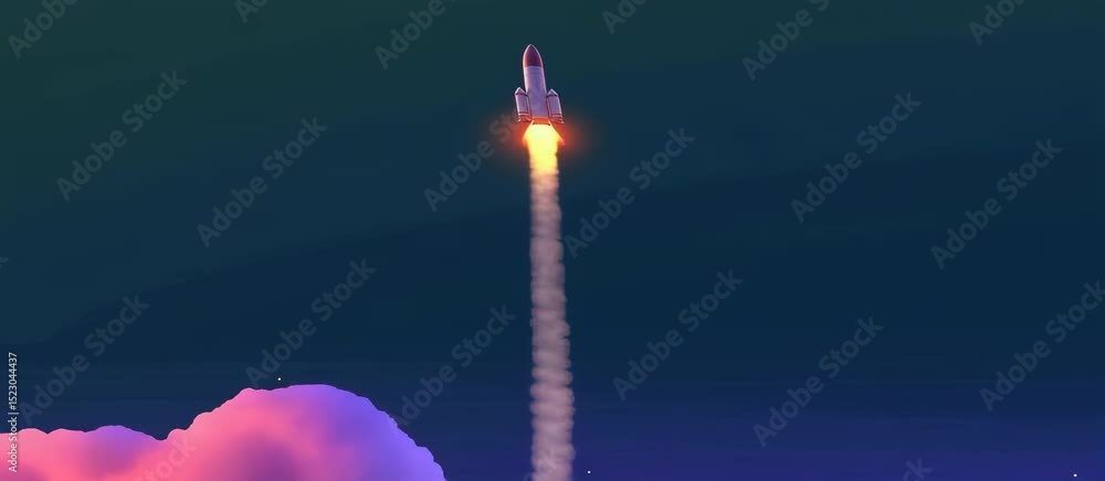 Poster rocket launch animation with vertical ascent through colorful skies and fiery trail