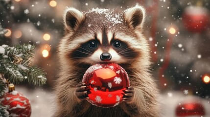 Raccoon Christmas. Cute Raccoon with Red Christmas Ball amidst Sparkling Snowflakes and Festive Lights