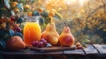 Pears Juice on Table. Fresh Fruit Delight in Golden Light, Refreshing, Vibrant