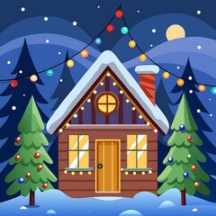 Snowy Cabin with Christmas Lights