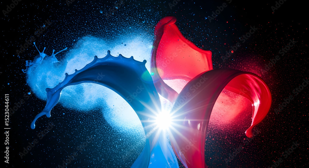 Poster dynamic splashes of pigment colors in vivid composition on dark background