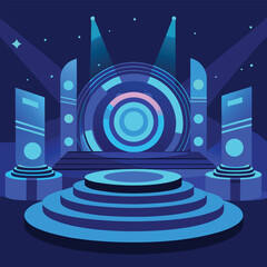 Fototapeta premium Futuristic stage design with lighting and a central circular element in a dark blue space
