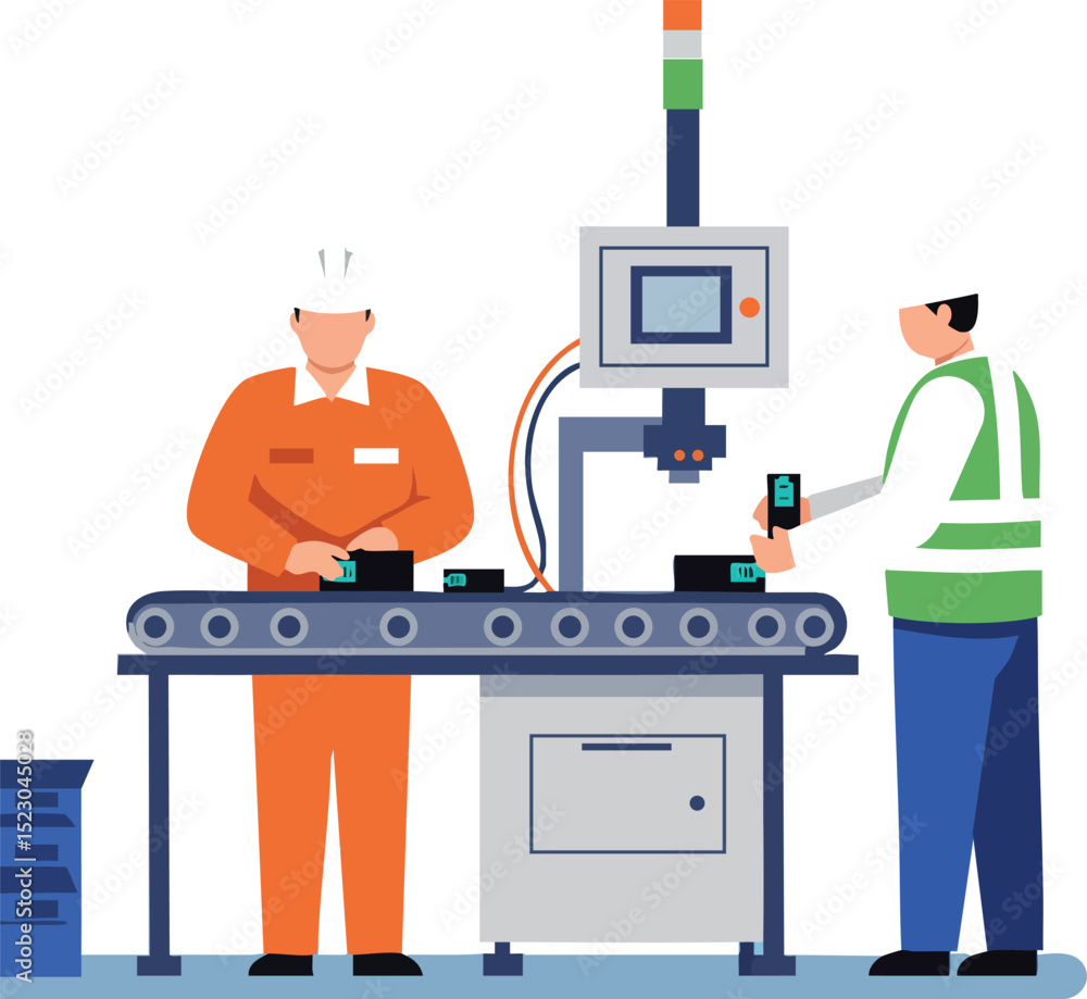 Poster factory workers operating automated machine on conveyor belt in industrial production line vector il