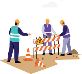Construction Workers Installing Safety Barrier on Roadwork Site with Cones and Warning Signs 
