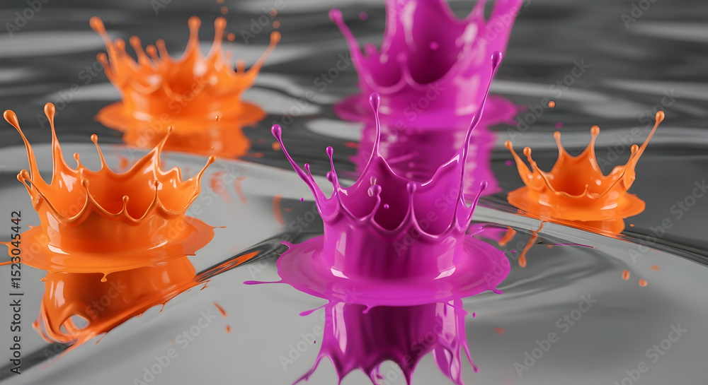 Poster dynamic display of splashing fluids in vivid colors on surface