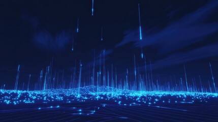 Abstract digital landscape with glowing lines and particles