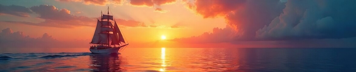 Fototapeta premium A majestic sailing ship glides gracefully across a calm ocean under a vibrant sunset, its sails billowing in the gentle breeze, a breathtaking scene of nautical beauty , sun, maritime