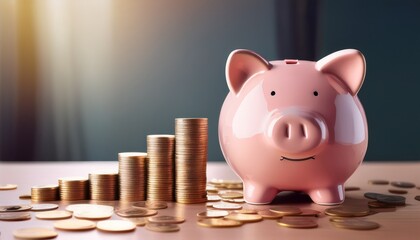 saving money with a pink piggy bank and coins financial planning indoor close up conceptual savings strategy