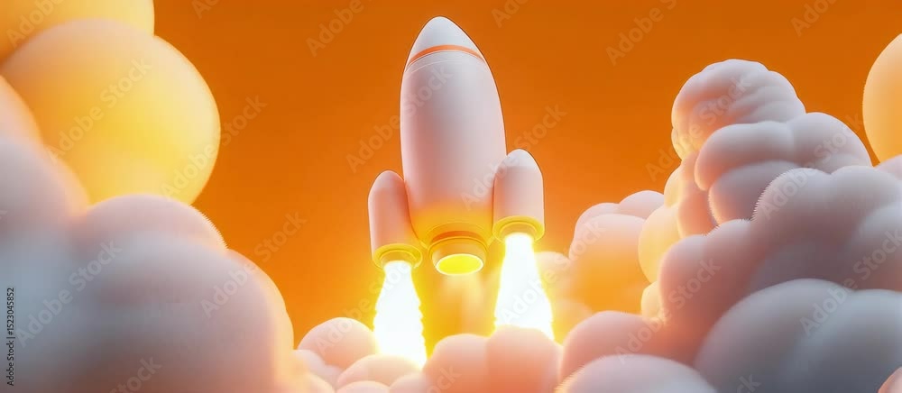 Poster animated rocket launch with vibrant fire trails and orbital animation sequences