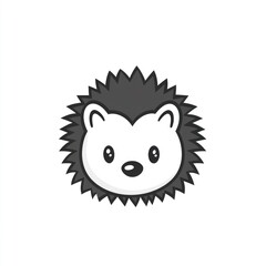Cute cartoon hedgehog head, simple line art style, black and white.  