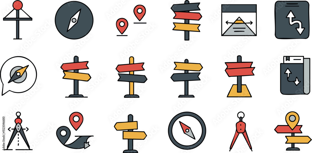 Poster directional arrows and compass navigation vector icons set in flat style