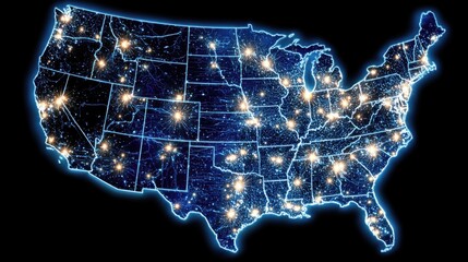 Illuminated map of the united states showing city lights at night