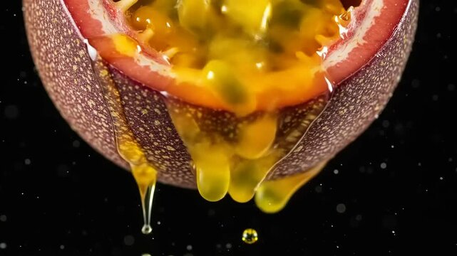 Close-up of a passion fruit split open, with vibrant yellow pulp oozing out against a dark background