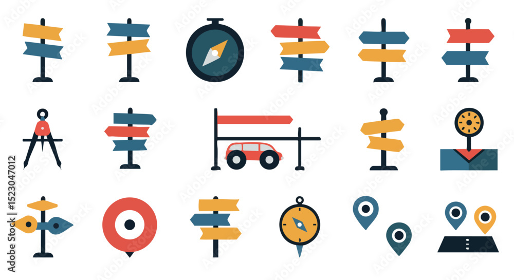 Poster direction signs compass pointers map location markers navigation icons set vector illustration