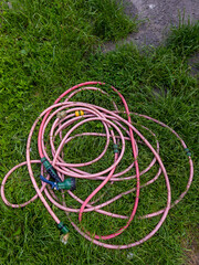 A bunch of pink hoses laying on the grass