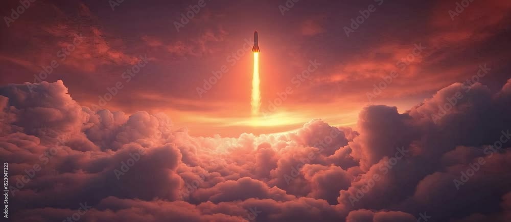 Poster dynamic rocket launch through clouds with fiery trail and cosmic energy