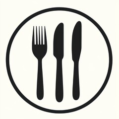 Black silhouette of a fork and knife set within a circle