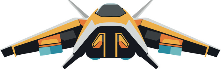 Futuristic space fighter jet vector illustration in orange and black colors with symmetrical design 
