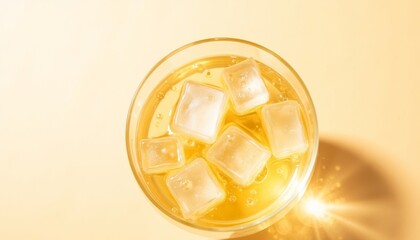 Glass of iced tea with ice cubes on golden surface  