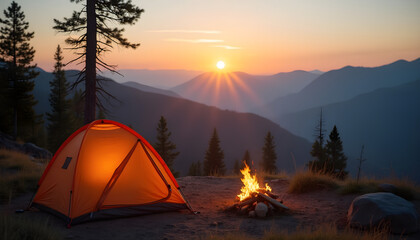 Camping tent by a campfire with a sunset view in the mountains