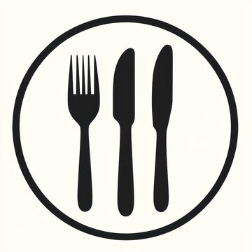 Black silhouette of a fork and knife set within a circle
