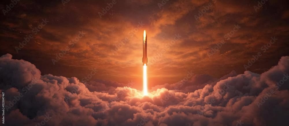 Aufkleber rocket launch through clouds with fiery trail and space animation effects