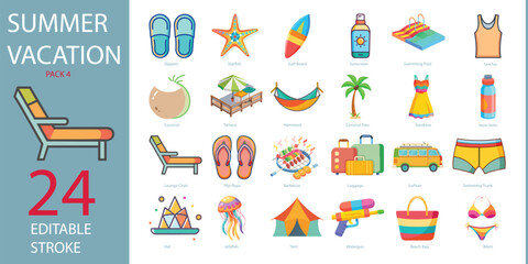 Summer Vacation Vector Icon Set | Adjustable Line Weight | beach ball, sunset, shell, hat, cocktail, ice box, cola, cap, sunglasses, swimsuit, beach, bikini, shorts, longboard, sail boat outline icon