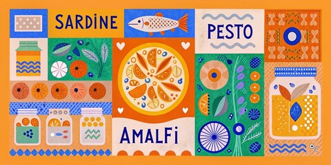 Naklejka premium Colorful Food Illustration with Sardine Pesto Amalfi Coast Theme Featuring Jars and Citrus Fruits in a Decorative and Artistic Style
