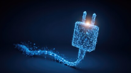 Abstract digital electric plug with glowing lines and particles