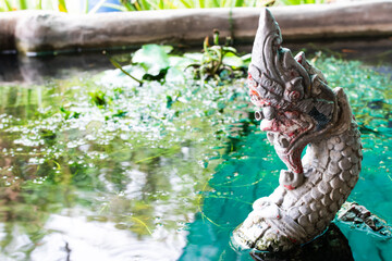 Traditional Naga serpent statue rising from a pond, surrounded by lotus leaves and clear turquoise water. Perfect for themes of Thai culture, spirituality, and Asian art symbolism.