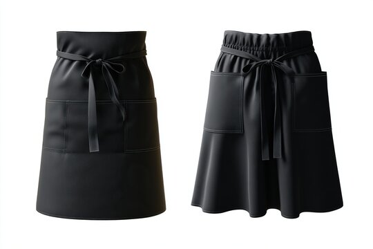Two black aprons with pockets and ties on a white backdrop for food service.