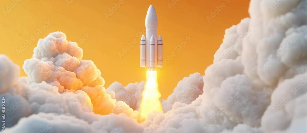 Poster dynamic rocket launch amidst clouds with fiery trail ascending to space