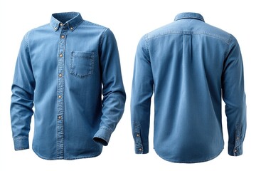 Denim shirt with long sleeves and button closure, front and back views isolated