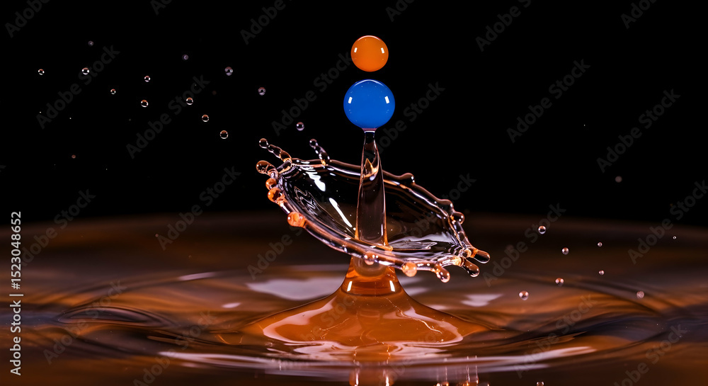 Poster high speed water collision with color spheres creating crown shape