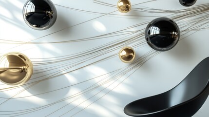 Abstract composition of spheres and lines on a white background